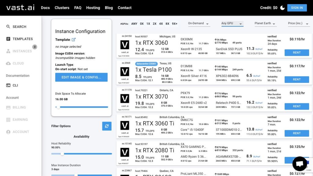 Vast.ai レンタルできるインスタンスのオファー一覧